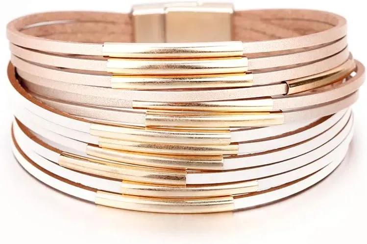 Fesciory Leather Wrap Bracelets for Women, Boho Leopard Multi-Layer Crystal Beads Cuff Bracelet Jewelry