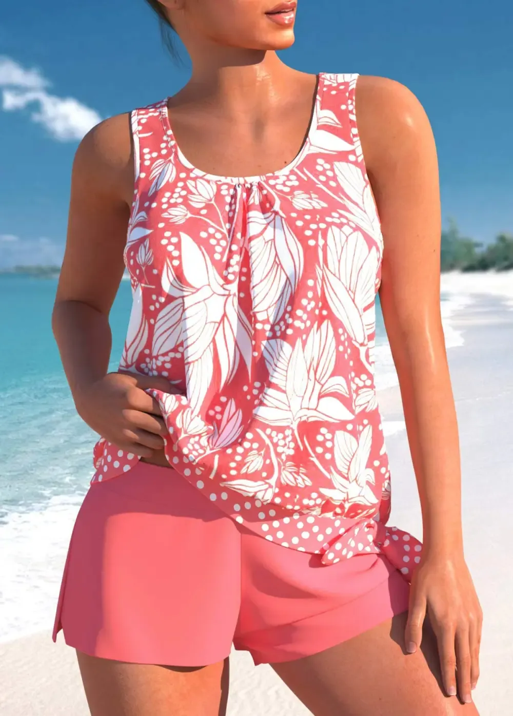 Bowknot Mid Waisted Floral Print Coral Tankini Set