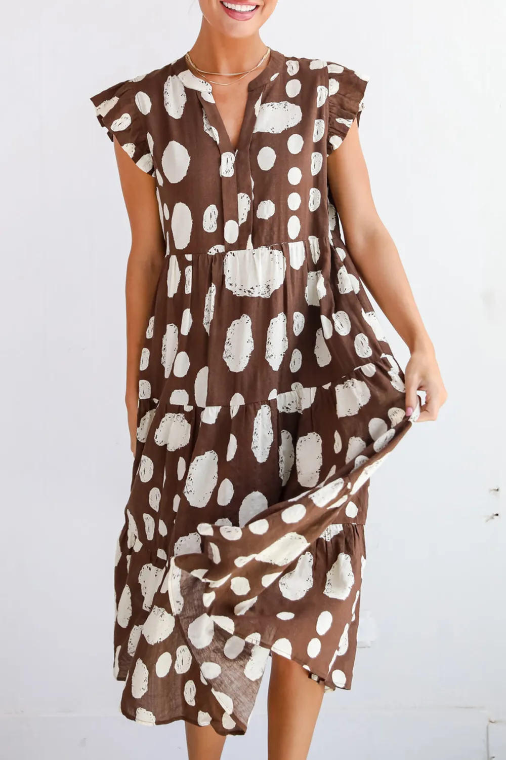 Simply Desirable Brown Dotted Tiered Midi Dress