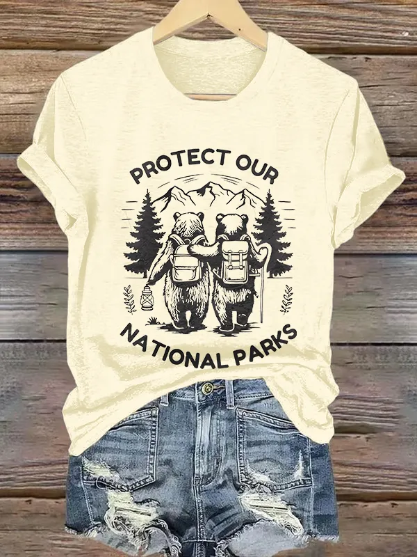 Women'S T-Shirt Vintage Protect Our National Park Printed T-Shirt Pure Cotton Crew-Neck Short Sleeve