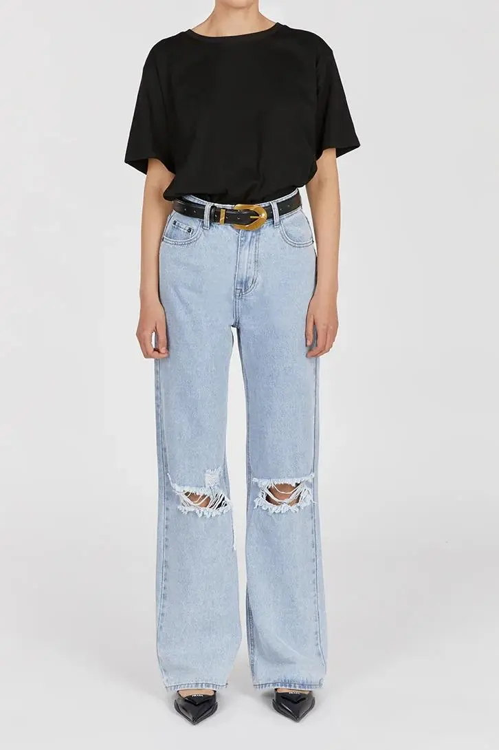 BLUE HIGH RISE RIPPED JEAN