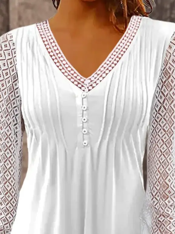 Plain Casual Patchwork Lace V-neck Tunic Top