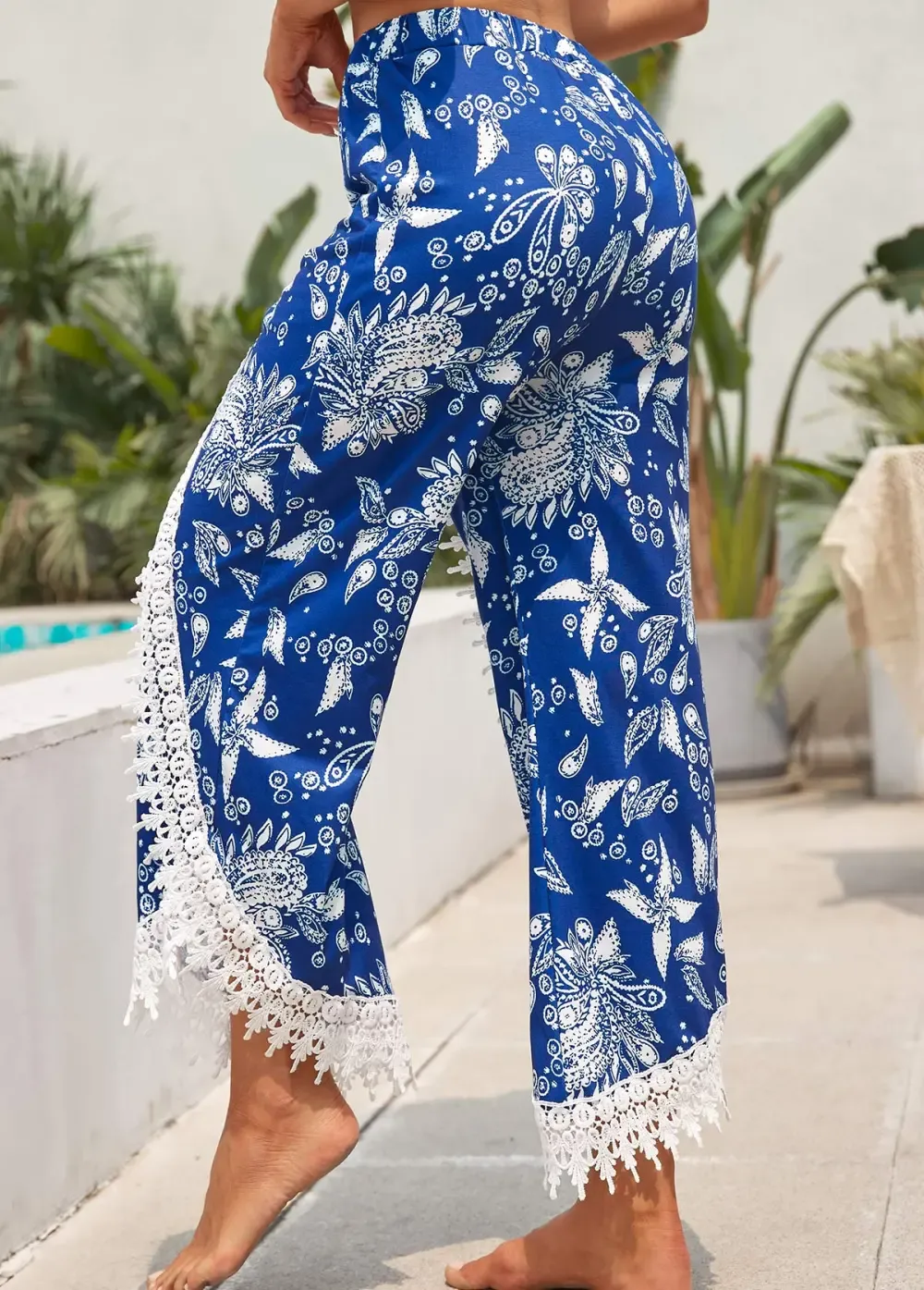 Blue Patchwork Tribal Print Elastic Waist Pants