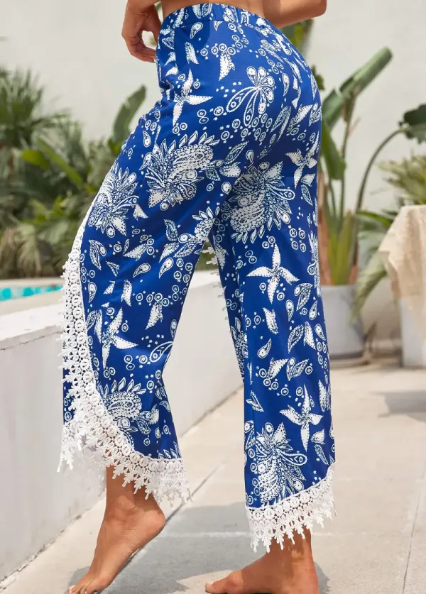 Blue Patchwork Tribal Print Elastic Waist Pants