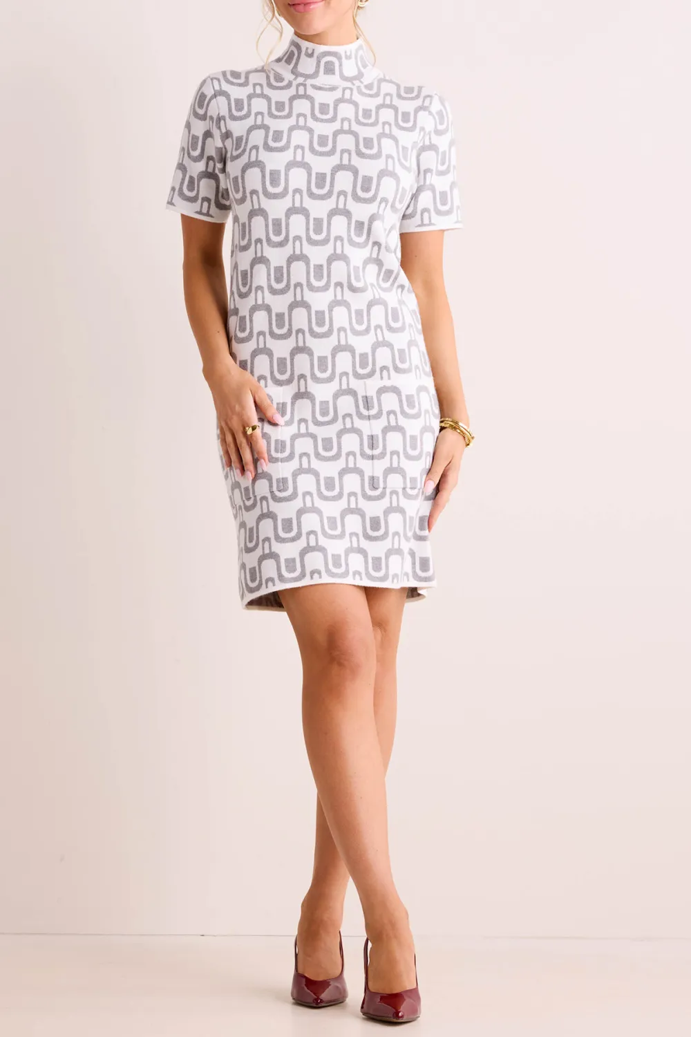 Cream Geometric Print High Neck Dress