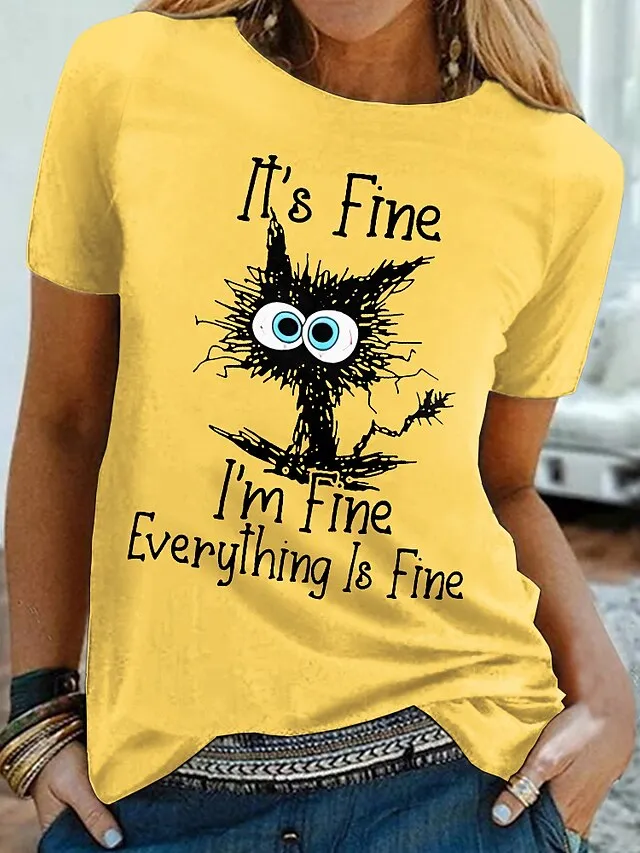 Women's T shirt Tee 100% Cotton Black White Yellow Graphic Daisy Print Short Sleeve Daily Going out Basic Round Neck Regular 100% Cotton Floral S