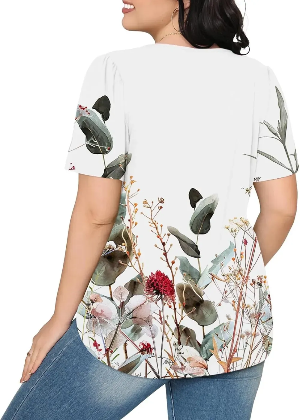 Womens Summer Pleated Front Shirts Tunics Casual Short Sleeved Loose Round Neck Boho Printed Tops Vacation Blouse