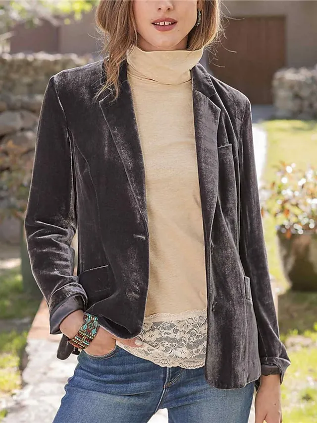 Women's Casual Blazer Velvet Casula Jacket Lapel Collar with Pockets Fall Party Jacket Winter Christmas Regular Fit Warm Stylish Vintage Style Classic Style Jacket Long Sleeve Solid Color Pure Color