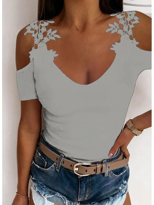 Women's T shirt Tee Going Out Tops Burgundy Tee Concert Tops Black White Wine Plain Lace Cut Out Short Sleeve Casual Weekend Fashion Basic Elegant U Neck Off Shoulder Regular Fit Cold Shoulder
