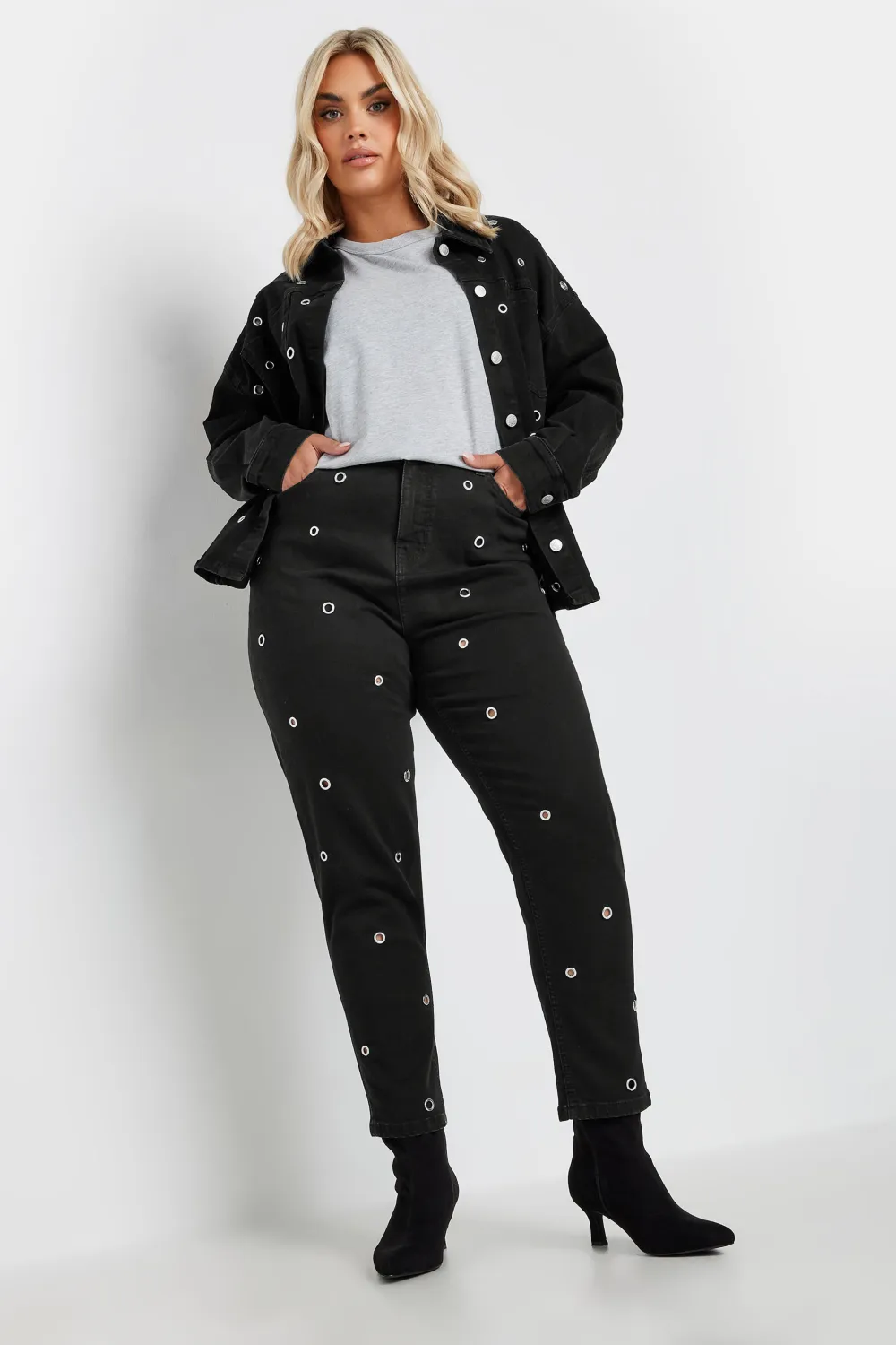 YOURS Curve Black Eyelet Detail Mom Jeans
