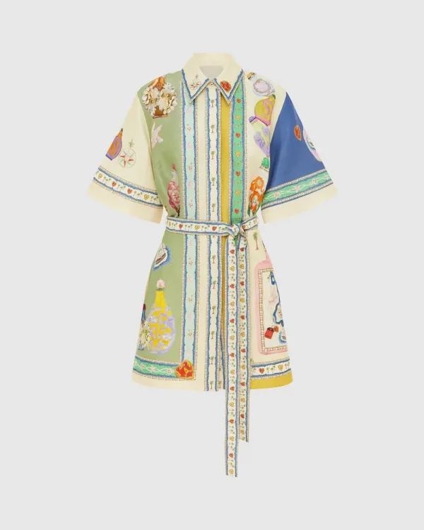 Colorful Printed Embroidery Neckline Mini Dress