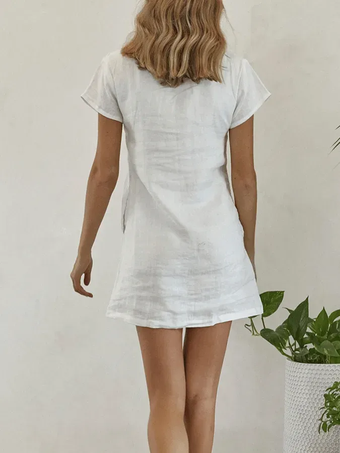 Women's Cotton Linen V Neck Pocket Dress
