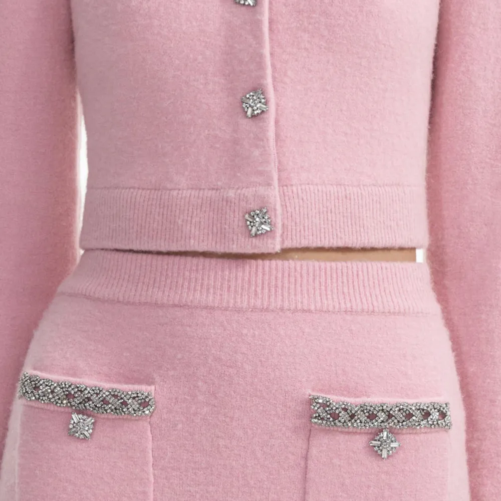 Pink Embellished Knit Midi Skirt