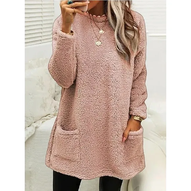 Women's Sweatshirt Pullover Sherpa Fleece Teddy Pocket Marron Black Blue Solid Color Street Casual Round Neck Long Sleeve Fleece S M L XL 2XL 3XL