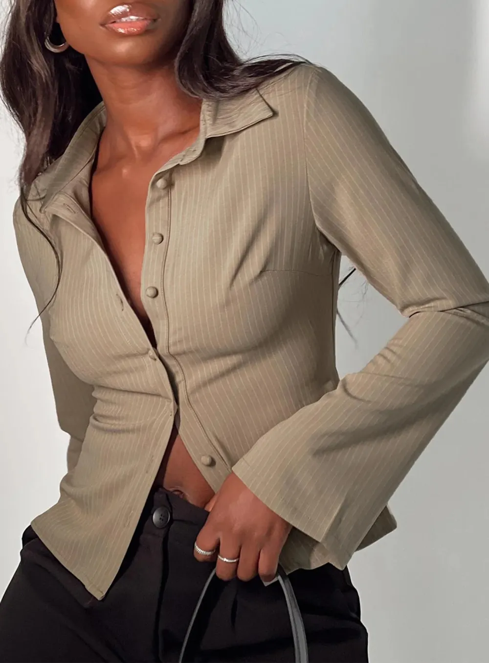 Black Pinstripe Cropped Button Up Shirt