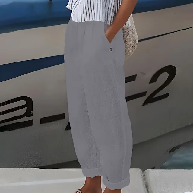 Women's Loungewear Pants Pure Color Linen Casual Wear Plus Size for Spring Summer White Blue S 4XL