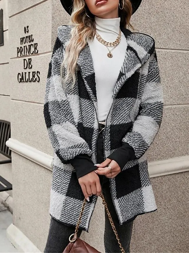 Women's Fleece Jacket Teddy Coat Hoodie Jacket Warm Breathable Street Daily Wear Vacation Going out Pocket Fleece Lined Open Front Hoodie Casual Street Style Stripes and Plaid Regular Fit Outerwear