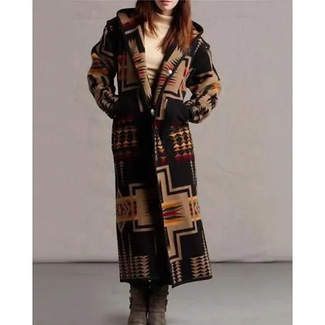 Women's Winter Coat Aztec Print Overcoat Long Coat Warm Heated Hoodie Jacket Long Sleeve Geometric White Black Yellow