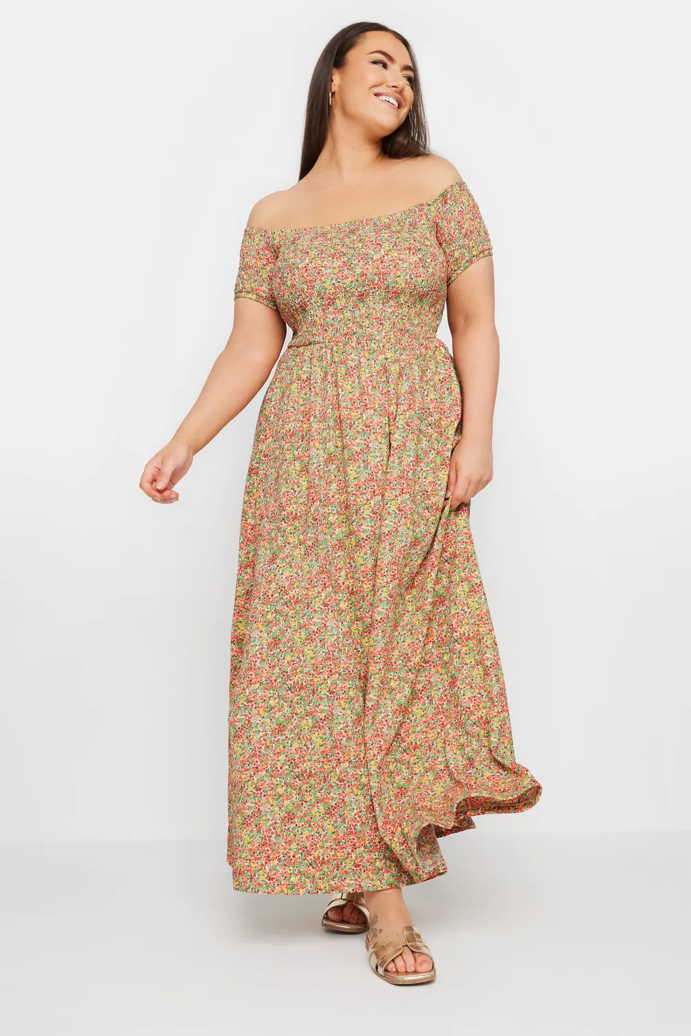 YOURS Curve Pink Ditsy Floral Shirred Midaxi Dress