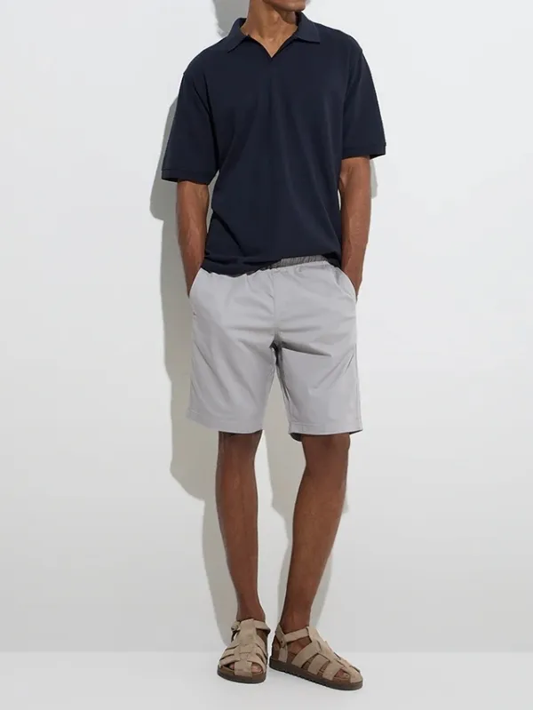 Navy Loose Cotton-Blend Polo T-Shirt