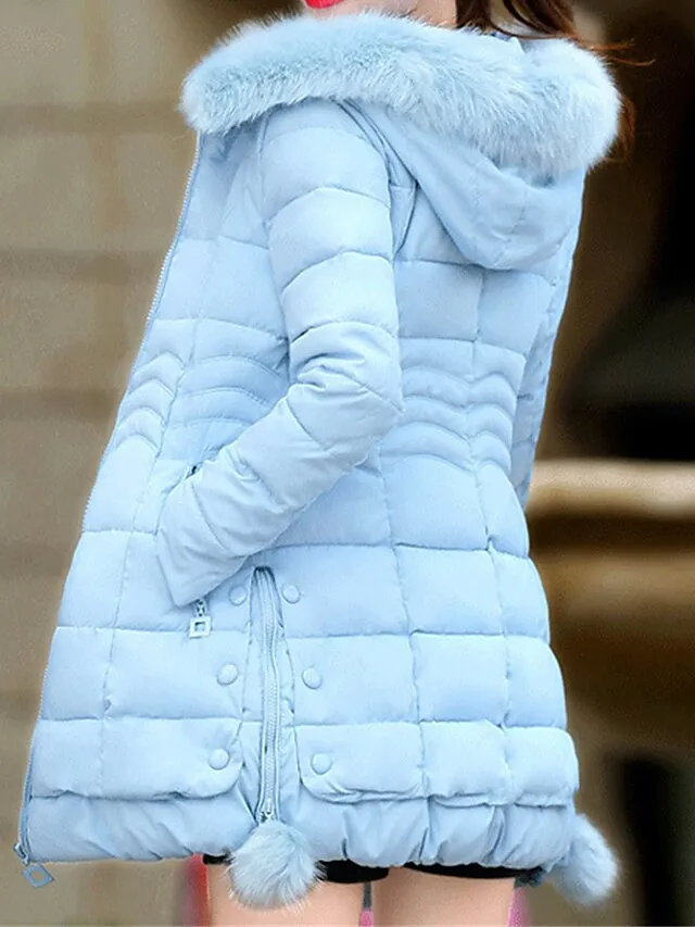 Women's Parka Long Puffer Jacket with Fur Collar Hood Winter Coat Windproof Warm Casual Jacket Long Sleeve Plain with Pockets Full Zip Black Pink Red