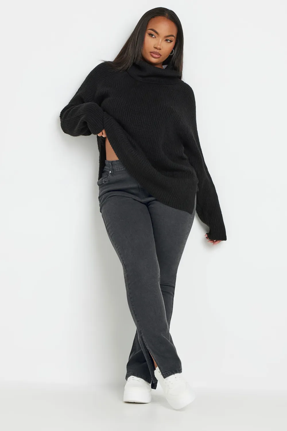 YOURS Curve Black Side Split Stretch Straight Leg Jeans