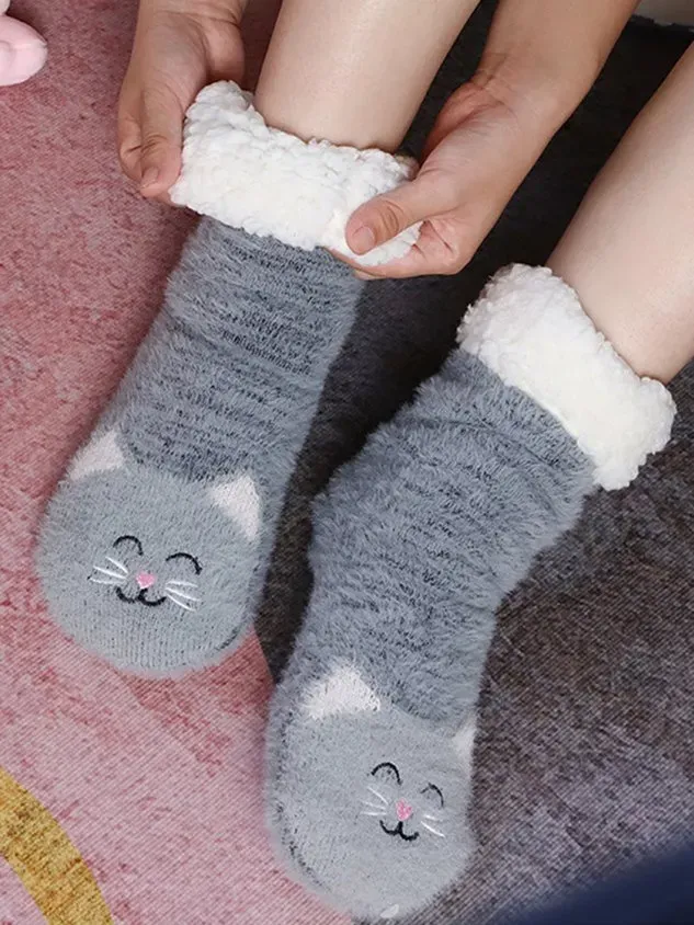 1pair Women Cartoon Cat Warmth Non-Slip Floor Socks