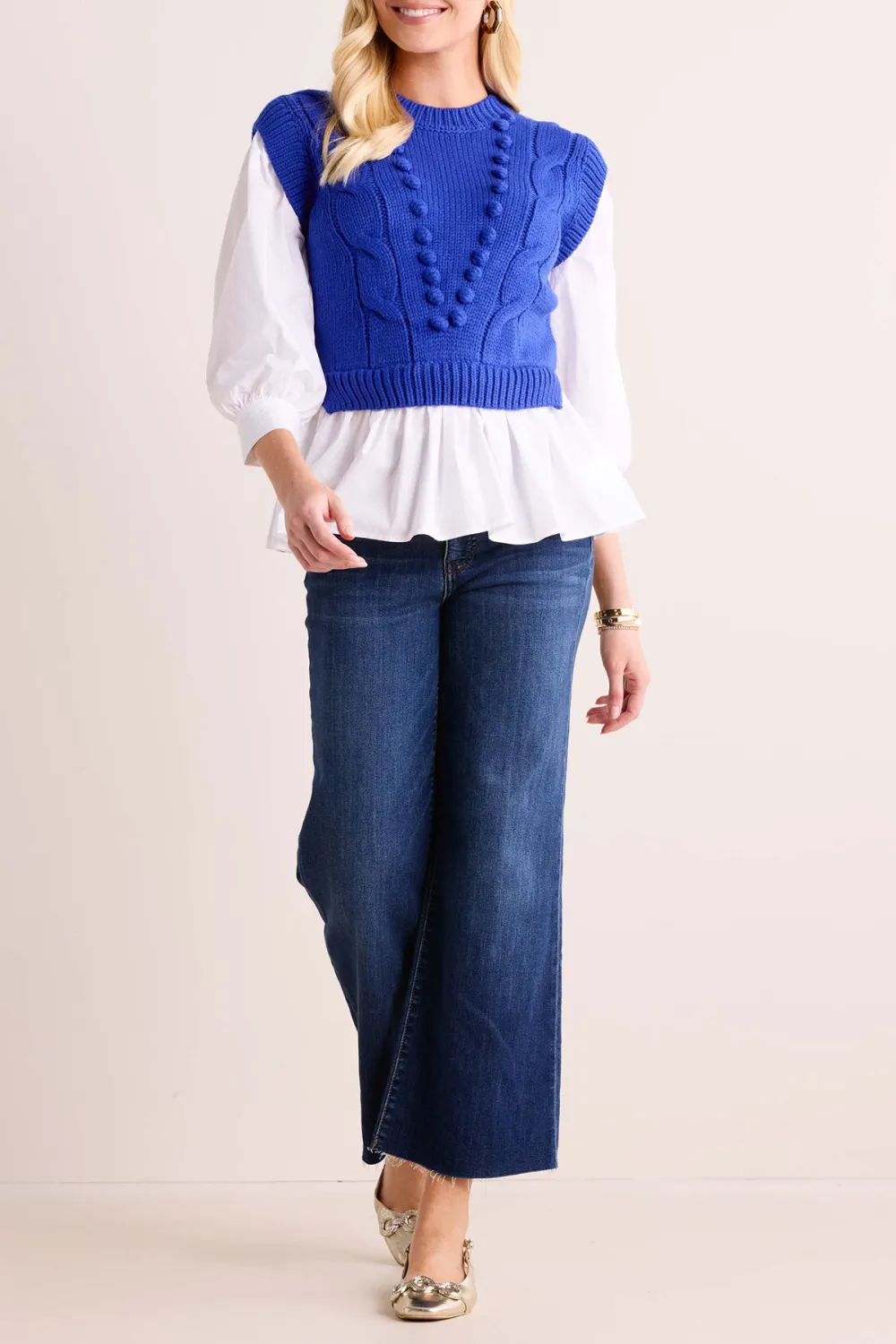 Blue Cable Knit Vest With White Top