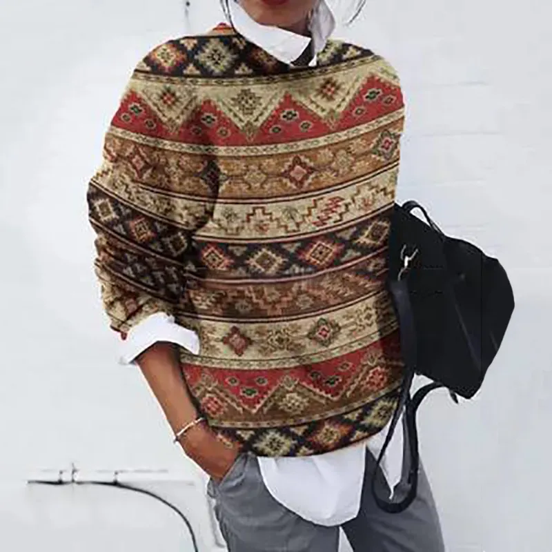 Ethnic Geometric Jacquard Shirt Collar Knit Fake Two Sweater