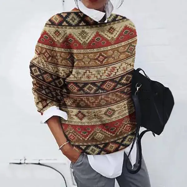 Ethnic Geometric Jacquard Shirt Collar Knit Fake Two Sweater