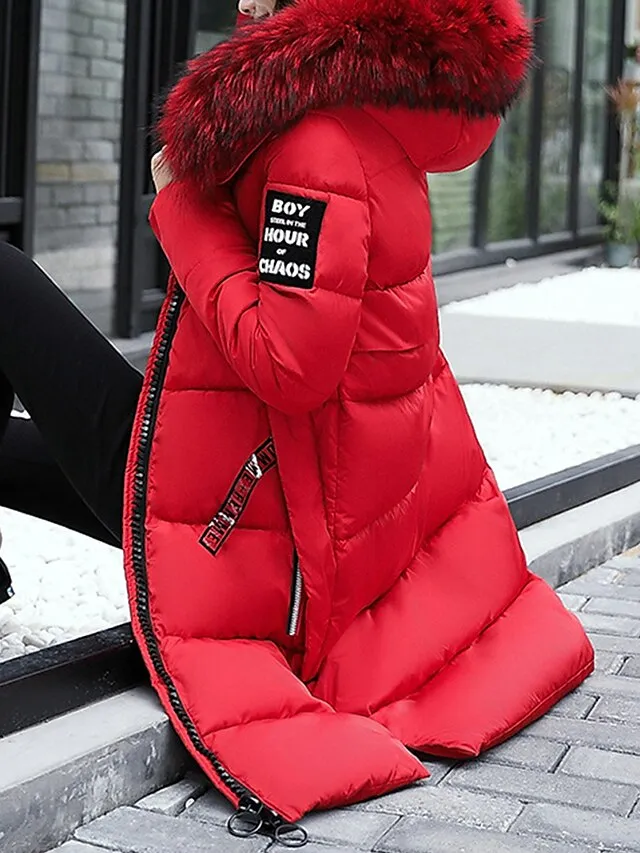 Women's Parka Long Puffer Jacket Winter Coat with Fur Collar Hood Thicken Windproof Warm Jacket Zip up Coat with Pockets Comtemporary Stylish Casual Jacket Long Sleeve Black Pink Army Green