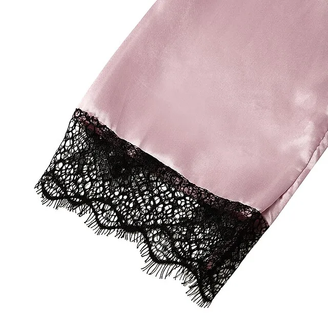 Women's Lace Satin Silk Pajamas Sets 4 Pcs Home Party Daily St.Patrick's Day Elastic Waist Pure Color Satin Simple Casual Soft Strap Top Shorts Fall Winter Spring Strap Short Sleeves Long Sleeve