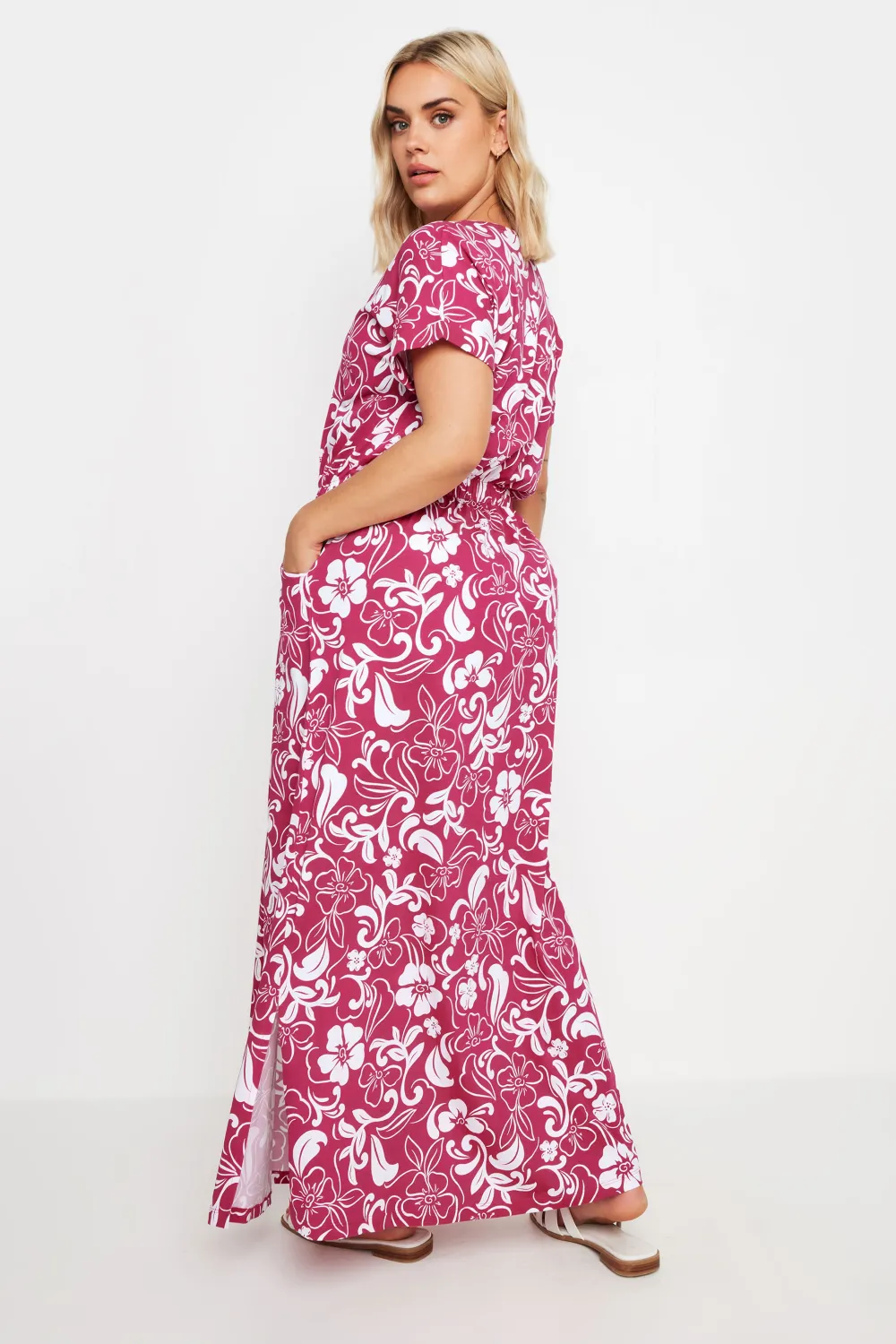 YOURS Curve Pink Floral Print Tie Waist Maxi Dress