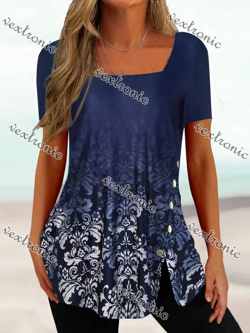 Women's Short Sleeve U-neck Floral Printed Graphic Button Top