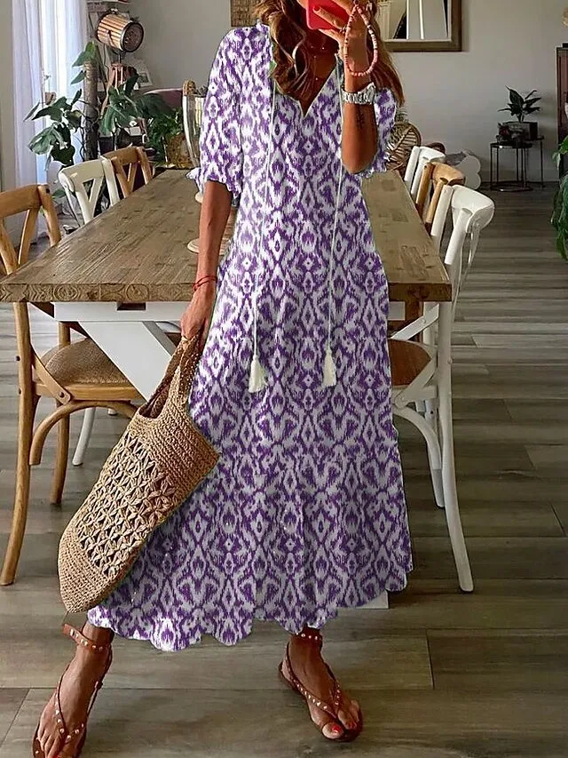 Women‘s A Line Dress Maxi long Dress Purple Half Sleeve Print Ruched Print Spring Summer V Neck Casual Vacation 2023 3XL