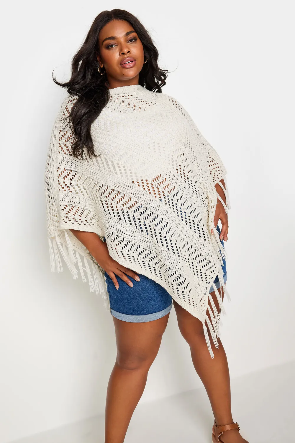 YOURS Curve Cream Pointelle Knitted Poncho