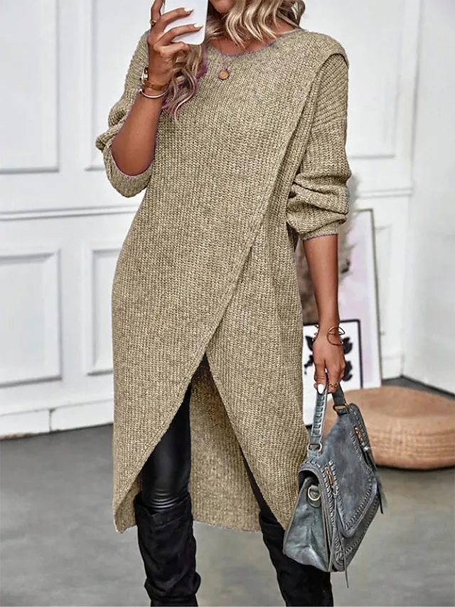 Women's Sweater Dress Jumper Dress Casual Dress Midi Dress Warm Plain Outdoor Daily Going out Crew Neck Long Sleeve 2023 Regular Fit Black Green khaki S M L XL XXL 3XL