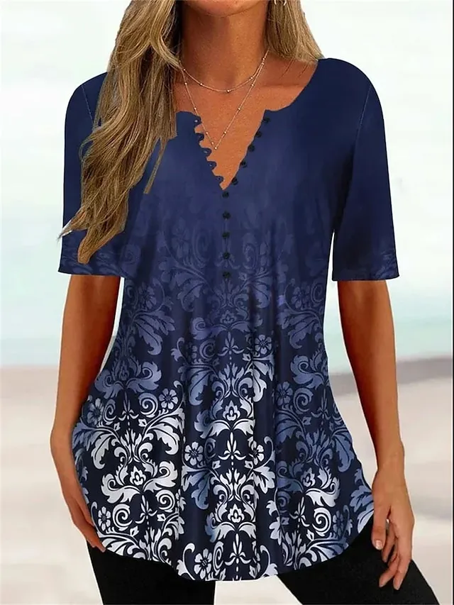 Women's T shirt Tee Henley Shirt Floral Color Gradient Casual Weekend Black Red Blue Print Short Sleeve Tunic Basic V Neck Regular Fit