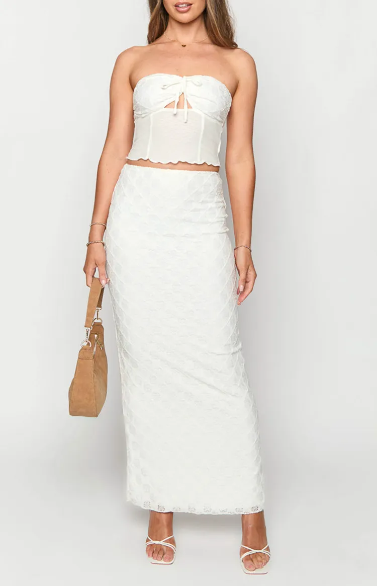 White Textured High Waist Midi Skirt