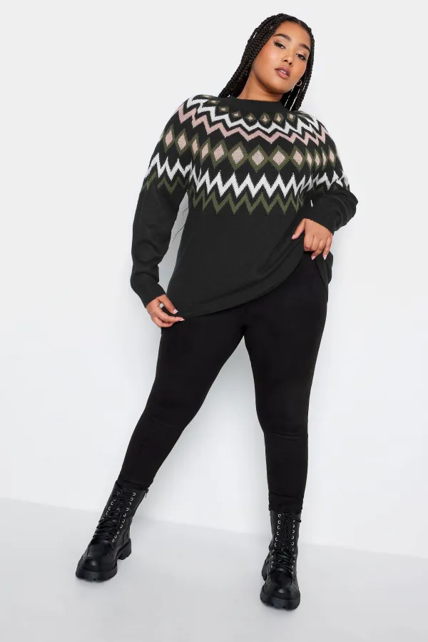 YOURS Curve Black Fairisle Knitted Jumper