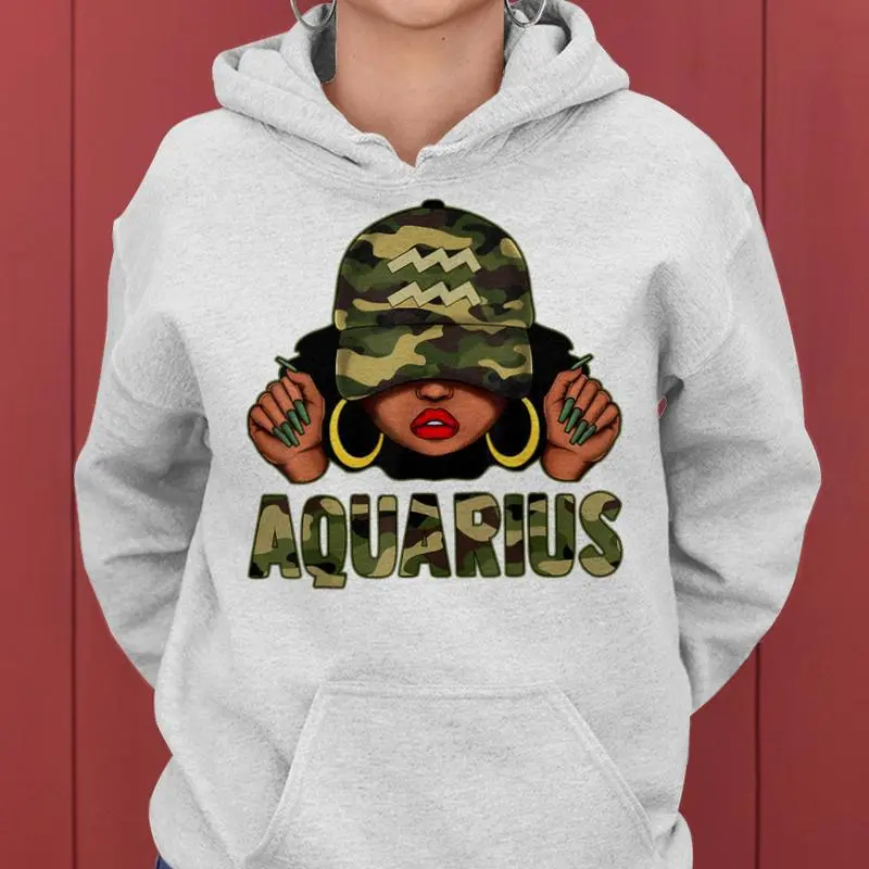 Aquarius Queen Black Woman With Cap Camo Afro Girl Zodiac Women Hoodie