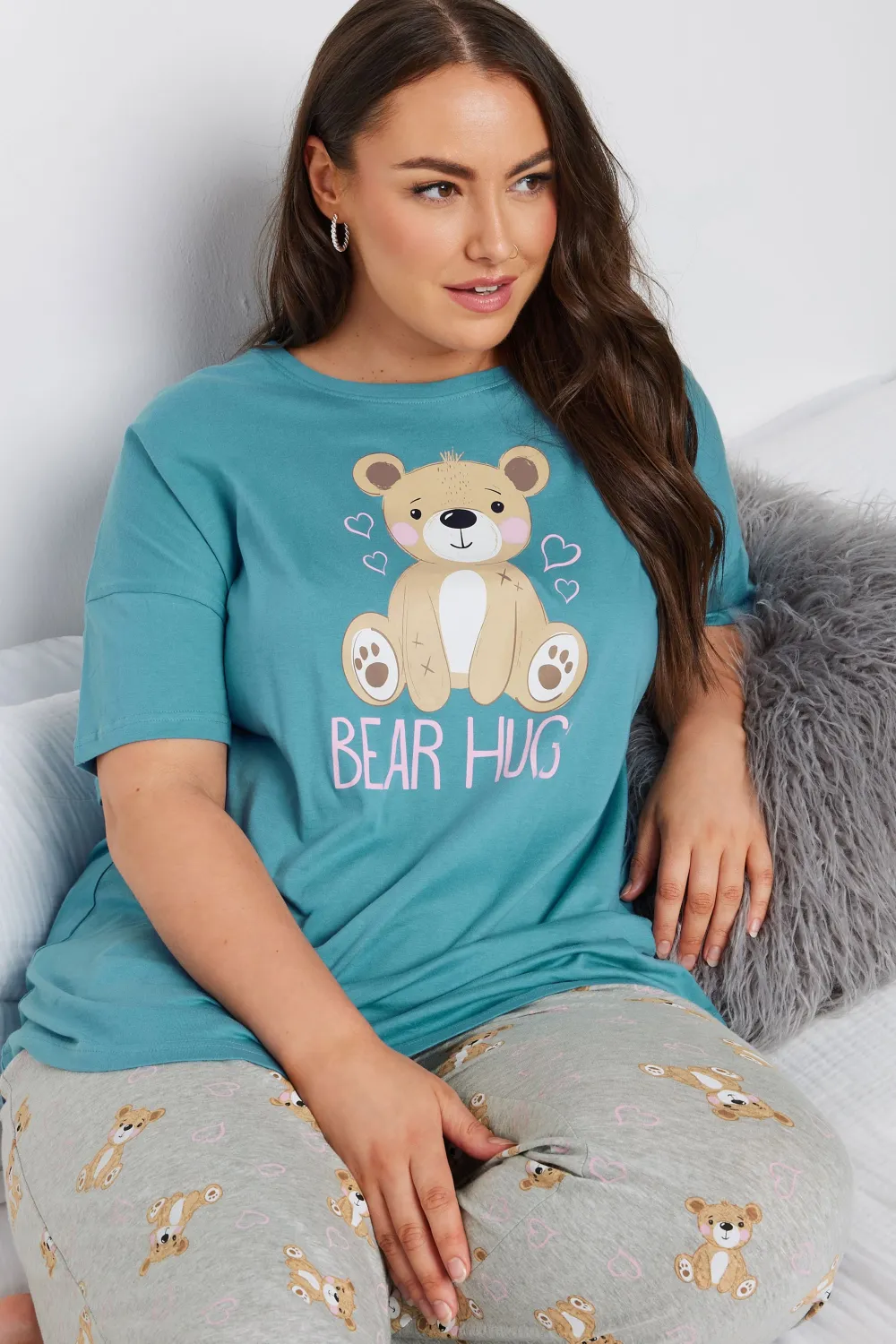 YOURS Curve Blue 'Bear Hugs' Wide Leg Pyjama Set