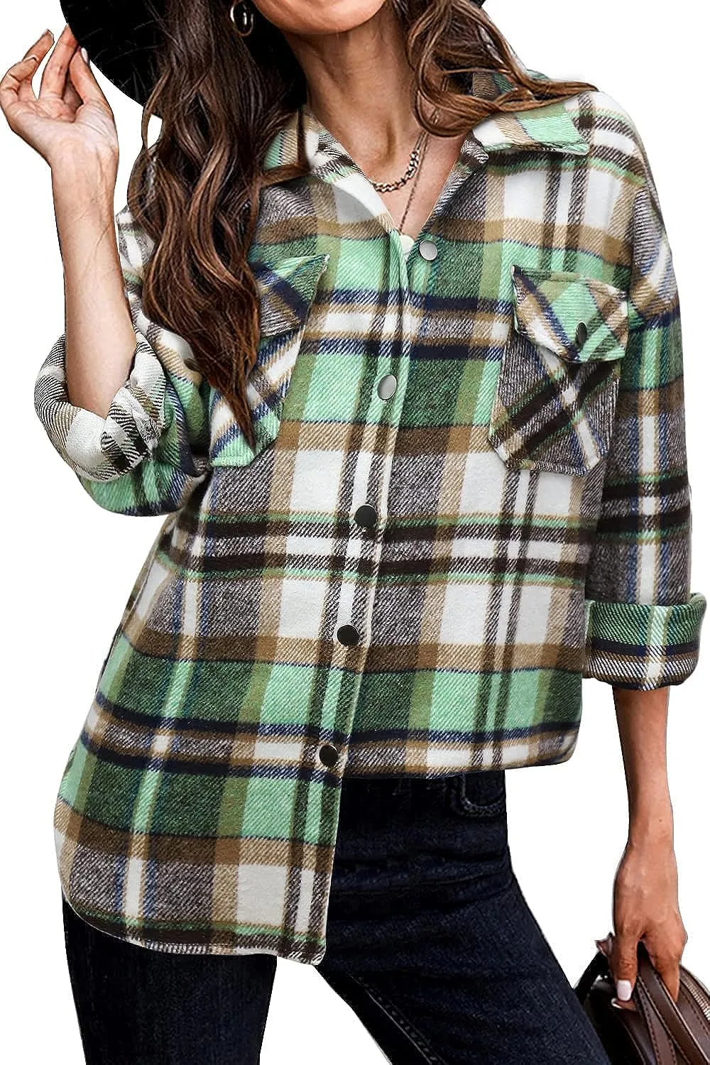 Women's Flannel Plaid Shacket Long Sleeve Button Down Chest Pocketed Shirts Jacket Coats