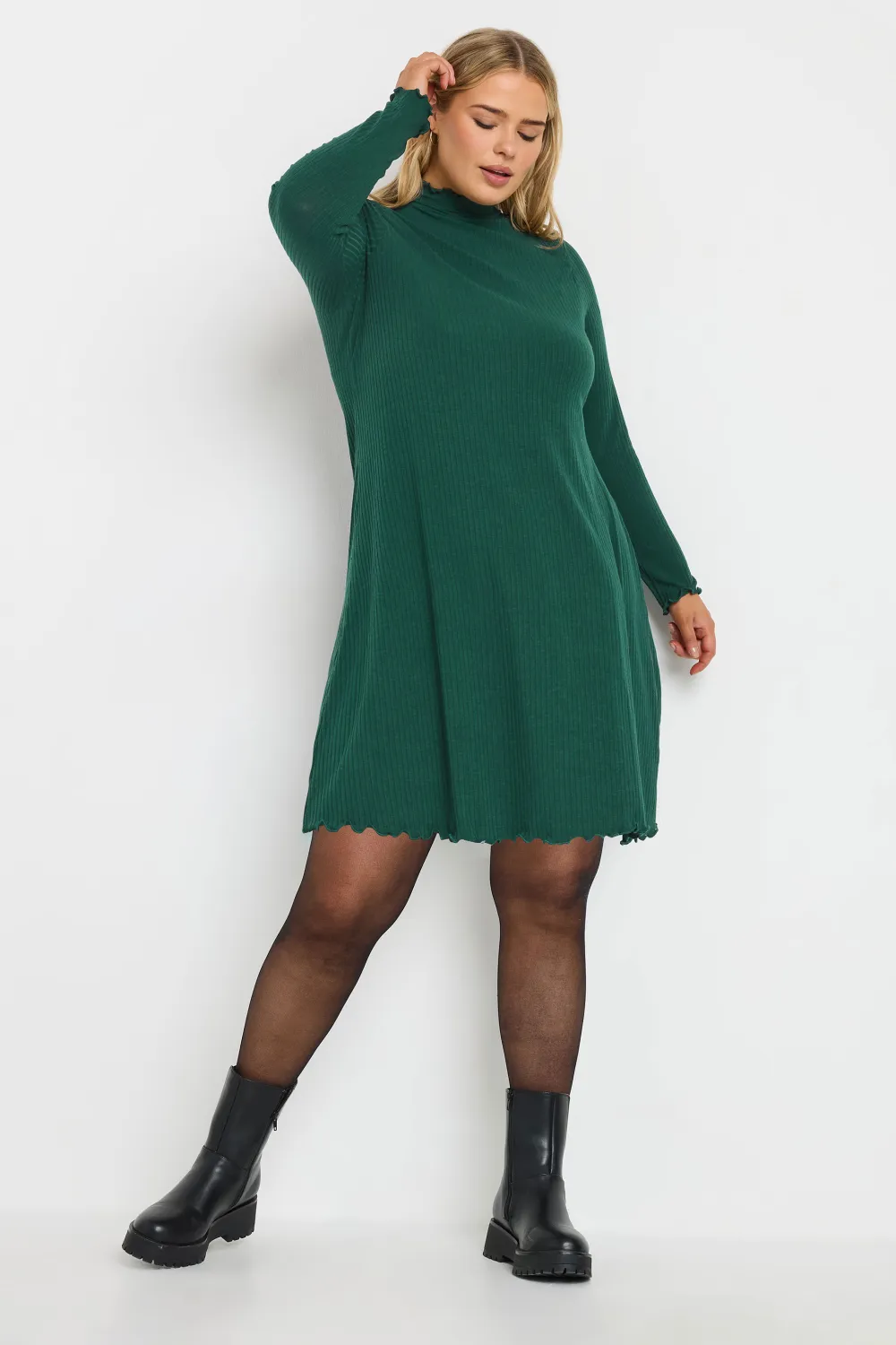YOURS Curve Forest Green Ribbed Lettuce Hem Tunic Dress