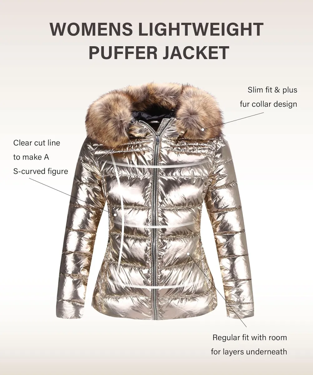 Womens Lightweight Puffer Jacket, Winter Coats for Women Warm Quilted Bubble Padded Hood Coat with Faux Fur Collar