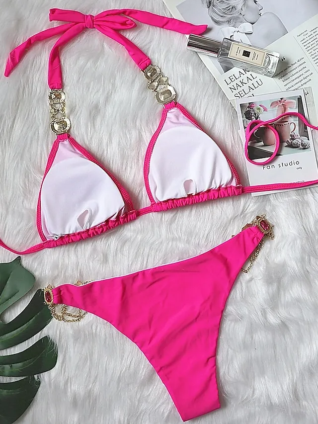 Women's Swimwear Bikini 2 Piece Normal Swimsuit Glitter Solid Color Black White Yellow Red Blue Plunge Bathing Suits Sexy Vacation Fashion