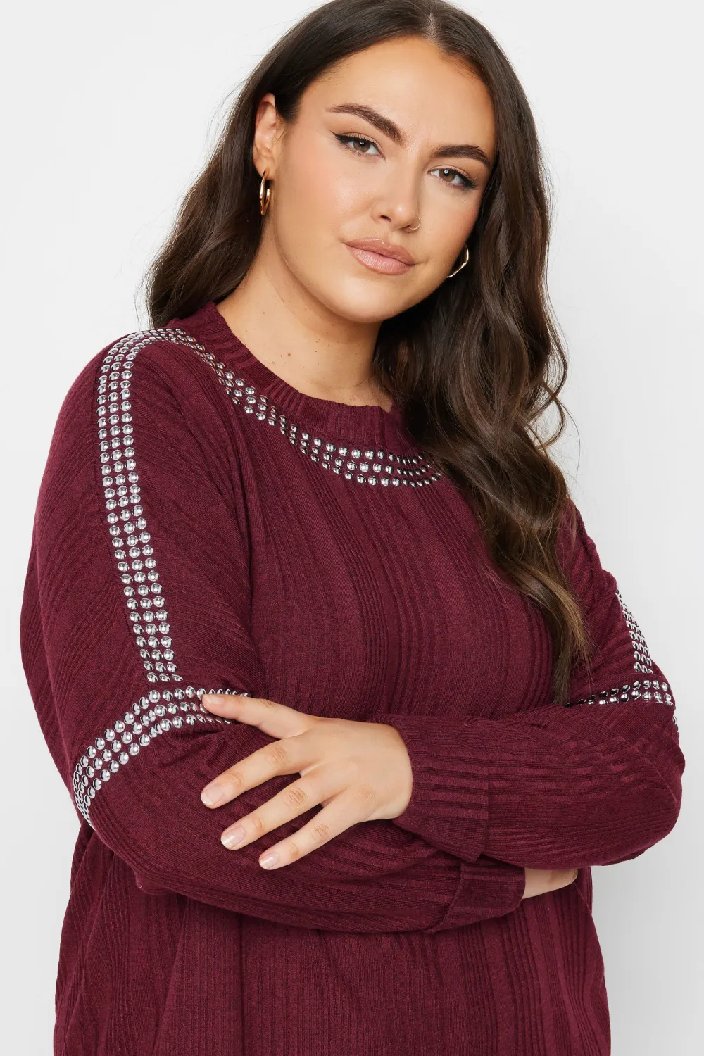 YOURS Curve Grey Stud Neckline Embellished Jumper
