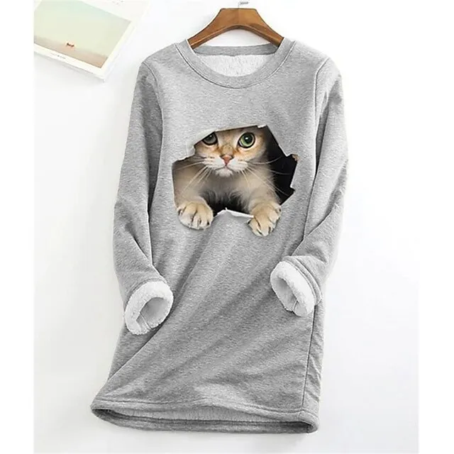 Women's Plus Size Sweatshirt Pullover Cat Teddy Sherpa Fleece Denim Blue Black White Street Casual Round Neck Long Sleeve Top Micro-elastic Fall & Winter