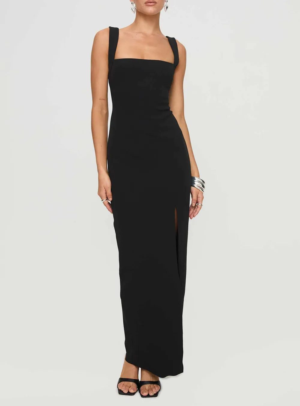 Black Square Neck Side Split Maxi Dress