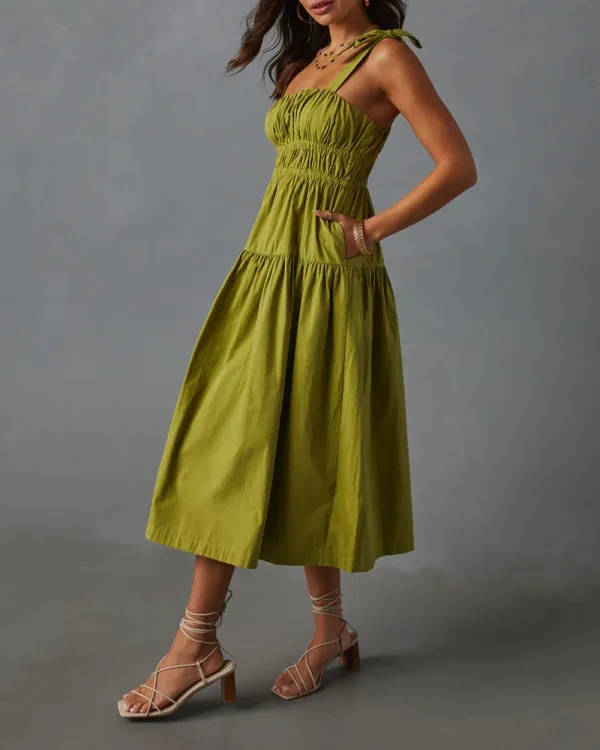 Tie Shoulder Tiered Midi Dress